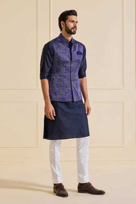 Buy Raghavendra Rathore Jodhpur Blue Linen Printed Bundi Jacket Online at Aza Fashions Buy_Raghavendra Rathore Jodhpur_Blue Linen Printed Bundi Jacket _Online_at_Aza_Fashions