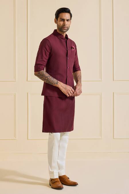Raghavendra Rathore Jodhpur_Maroon Viscose, Silk Bandi Set With Kurta _Online_at_Aza_Fashions