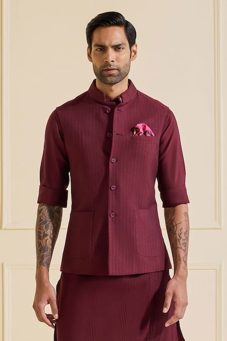 Buy_Raghavendra Rathore Jodhpur_Maroon Viscose, Silk Bandi Set With Kurta _Online_at_Aza_Fashions