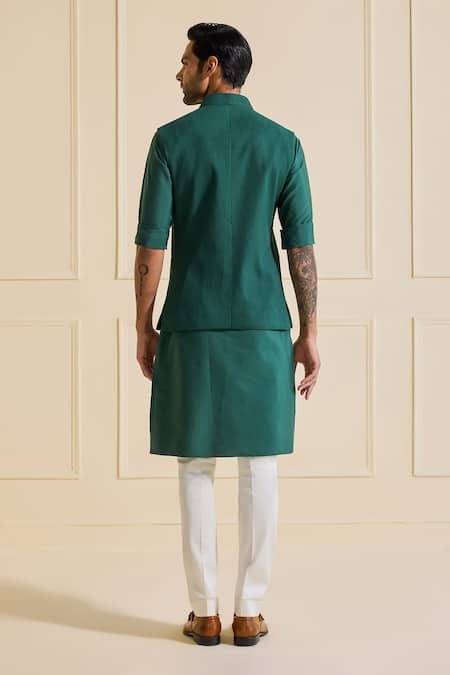 Shop Raghavendra Rathore Jodhpur Green Viscose, Silk Celestial Emerald Nehru Jacket Set at Aza Fashions Shop_Raghavendra Rathore Jodhpur_Green Viscose, Silk Celestial Emerald Nehru Jacket Set _at_Aza_Fashions