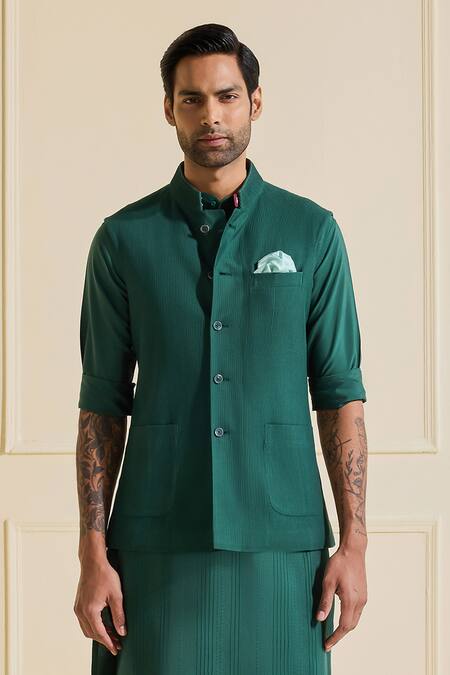 Shop Raghavendra Rathore Jodhpur Green Viscose, Silk Celestial Emerald Nehru Jacket Set Online at Aza Fashions Shop_Raghavendra Rathore Jodhpur_Green Viscose, Silk Celestial Emerald Nehru Jacket Set _Online_at_Aza_Fashions