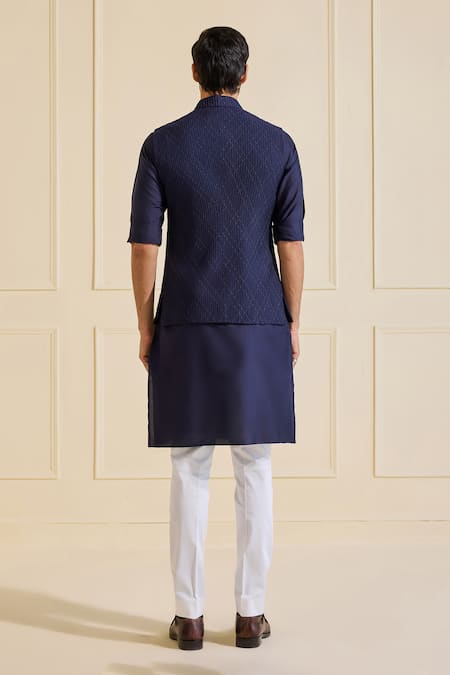 Shop Raghavendra Rathore Jodhpur Navy Viscose, Silk Nehru Jacket Set at Aza Fashions Shop_Raghavendra Rathore Jodhpur_Navy Viscose, Silk Nehru Jacket Set _at_Aza_Fashions