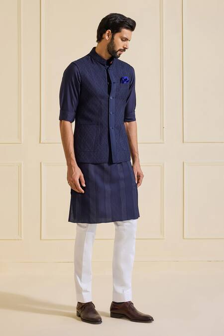 Raghavendra Rathore Jodhpur Navy Viscose, Silk Nehru Jacket Set Online at Aza Fashions Raghavendra Rathore Jodhpur_Navy Viscose, Silk Nehru Jacket Set _Online_at_Aza_Fashions