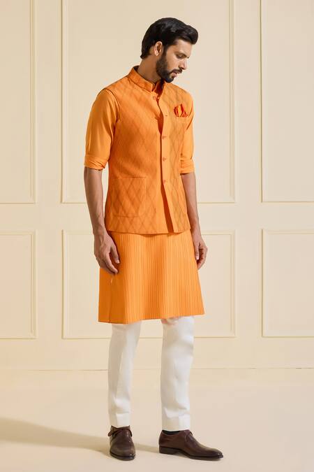 Raghavendra Rathore Jodhpur_Orange Viscose, Silk Textured Regal Nehru Jacket Set _Online_at_Aza_Fashions