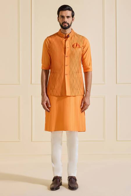 Buy_Raghavendra Rathore Jodhpur_Orange Viscose, Silk Textured Regal Nehru Jacket Set _Online_at_Aza_Fashions
