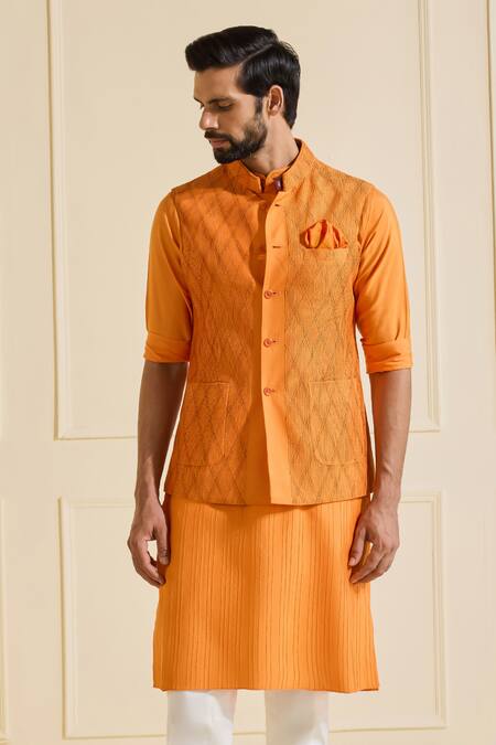 Shop_Raghavendra Rathore Jodhpur_Orange Viscose, Silk Textured Regal Nehru Jacket Set _Online_at_Aza_Fashions