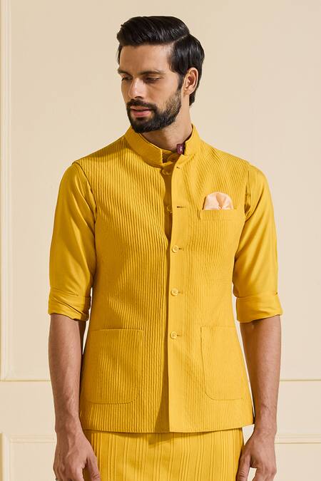 Shop Raghavendra Rathore Jodhpur Yellow Viscose Sunlit Splendour Nehru Jacket Set Online at Aza Fashions Shop_Raghavendra Rathore Jodhpur_Yellow Viscose Sunlit Splendour Nehru Jacket Set _Online_at_Aza_Fashions