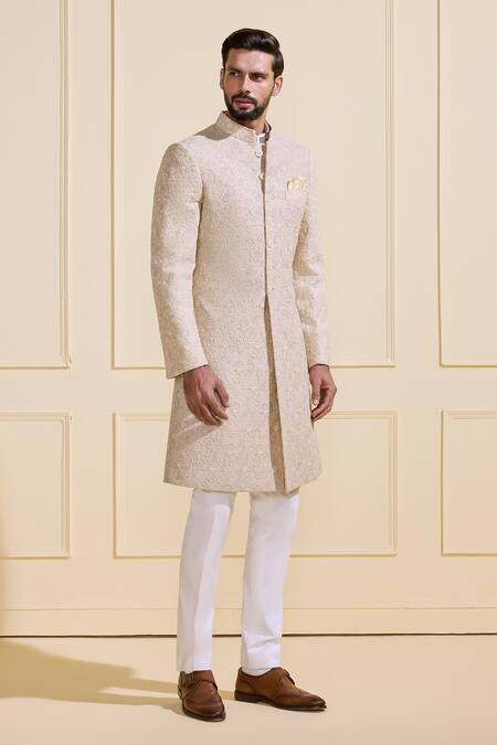 Raghavendra Rathore Jodhpur_Beige Silk Embroidery Heritage Luxe Champagne Sherwani _Online_at_Aza_Fashions