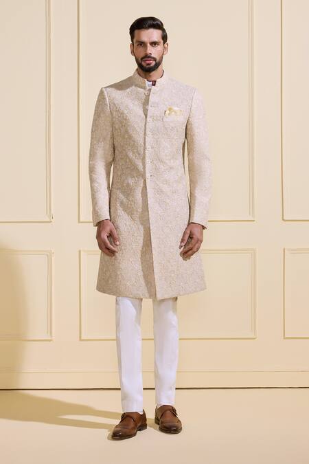 Buy_Raghavendra Rathore Jodhpur_Beige Silk Embroidery Heritage Luxe Champagne Sherwani _Online_at_Aza_Fashions