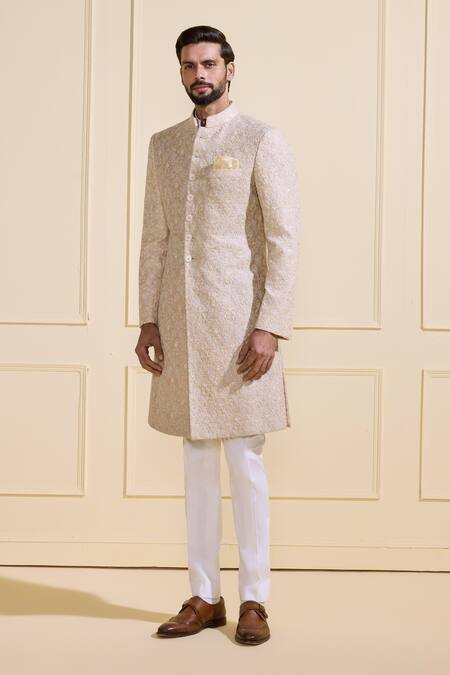 Shop_Raghavendra Rathore Jodhpur_Beige Silk Embroidery Heritage Luxe Champagne Sherwani _Online_at_Aza_Fashions