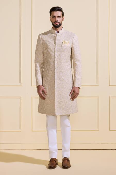 Raghavendra Rathore Jodhpur_Beige Silk Embroidery Heritage Luxe Champagne Sherwani _at_Aza_Fashions