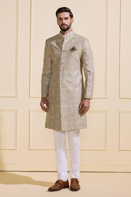 Raghavendra Rathore Jodhpur_Green Silk Zari Paisley Heritage Sherwani _Online_at_Aza_Fashions