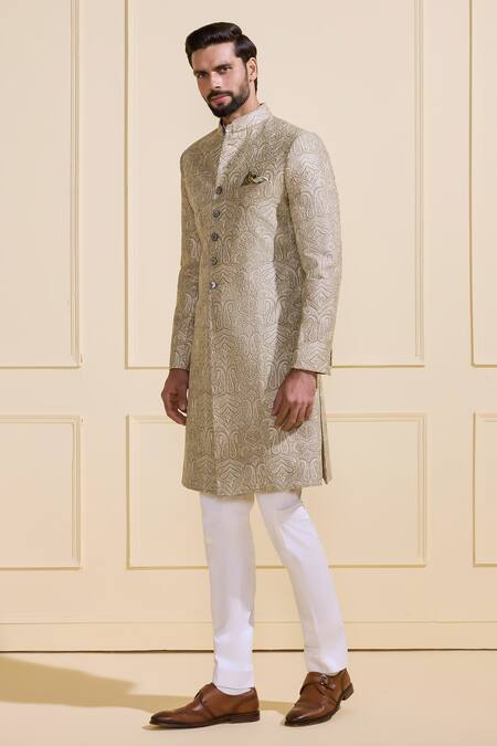 Buy_Raghavendra Rathore Jodhpur_Green Silk Zari Paisley Heritage Sherwani _Online_at_Aza_Fashions