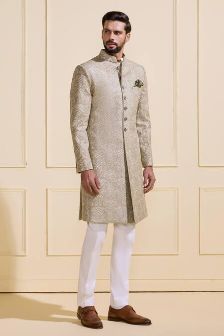 Shop_Raghavendra Rathore Jodhpur_Green Silk Zari Paisley Heritage Sherwani _Online_at_Aza_Fashions