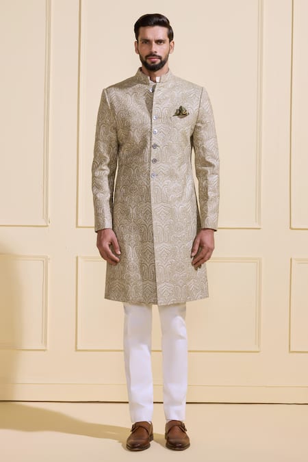 Raghavendra Rathore Jodhpur_Green Silk Zari Paisley Heritage Sherwani _at_Aza_Fashions