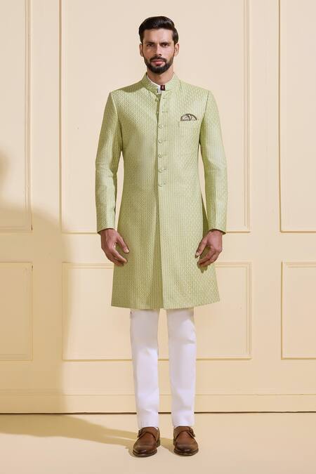 Raghavendra Rathore Jodhpur_Mint Silk Bespoke Lush Light Green Achkan _Online_at_Aza_Fashions