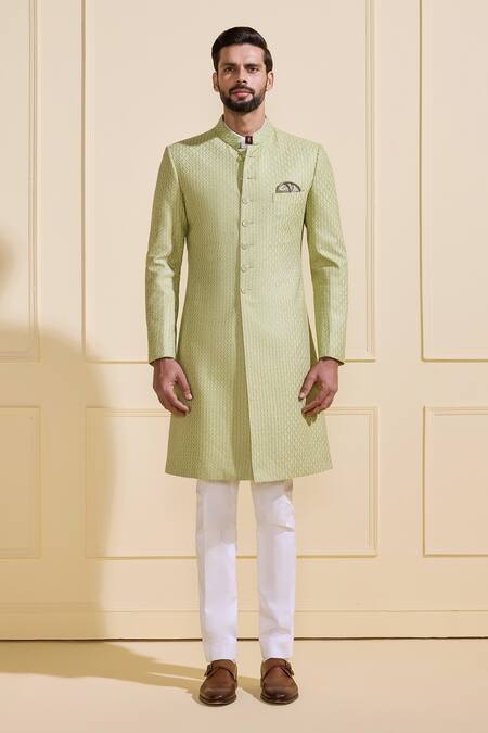 Buy_Raghavendra Rathore Jodhpur_Mint Silk Bespoke Lush Light Green Achkan _Online_at_Aza_Fashions
