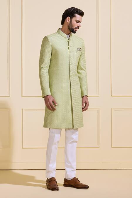 Shop_Raghavendra Rathore Jodhpur_Mint Silk Bespoke Lush Light Green Achkan _Online_at_Aza_Fashions