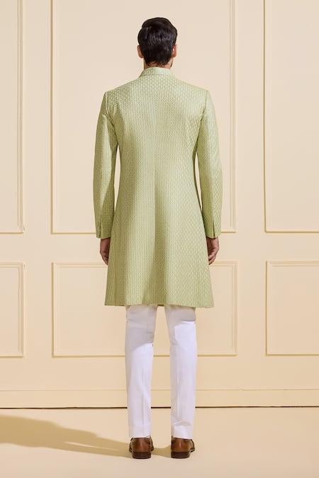 Shop_Raghavendra Rathore Jodhpur_Mint Silk Bespoke Lush Light Green Achkan _at_Aza_Fashions
