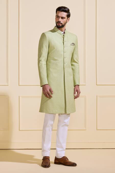 Raghavendra Rathore Jodhpur_Mint Silk Bespoke Lush Light Green Achkan _at_Aza_Fashions
