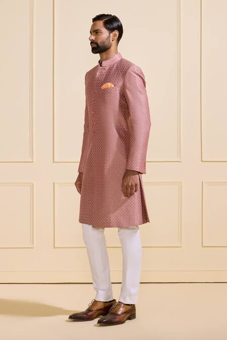 Raghavendra Rathore Jodhpur_Pink Brocade Bespoke Peach Sherwani _Online_at_Aza_Fashions