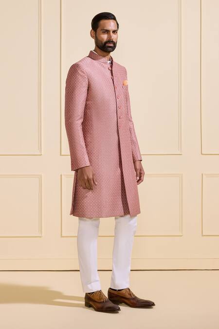 Buy_Raghavendra Rathore Jodhpur_Pink Brocade Bespoke Peach Sherwani _Online_at_Aza_Fashions