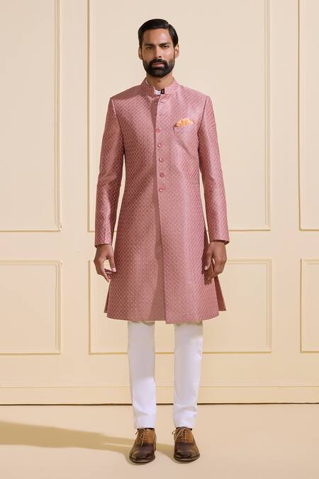Shop_Raghavendra Rathore Jodhpur_Pink Brocade Bespoke Peach Sherwani _Online_at_Aza_Fashions
