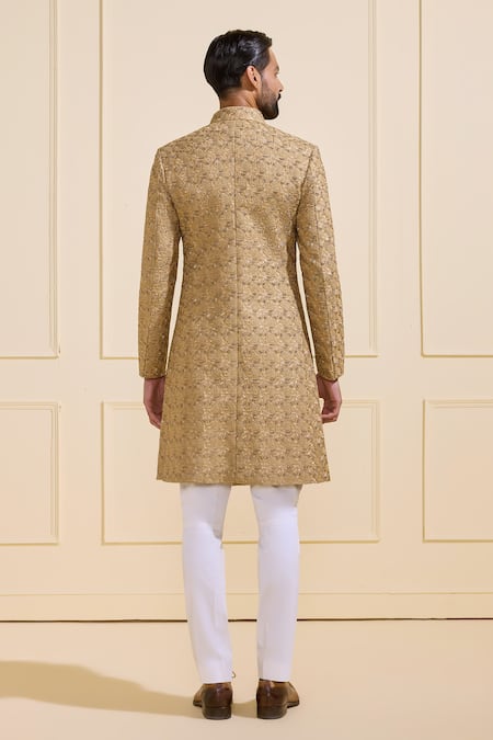 Shop Raghavendra Rathore Jodhpur Beige Silk Embroidery Gilded Tapestry Sherwani at Aza Fashions Shop_Raghavendra Rathore Jodhpur_Beige Silk Embroidery Gilded Tapestry Sherwani _at_Aza_Fashions