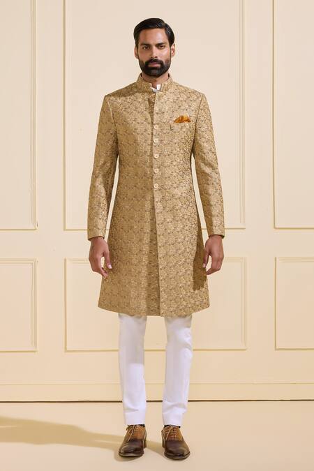 Shop Raghavendra Rathore Jodhpur Beige Silk Embroidery Gilded Tapestry Sherwani Online at Aza Fashions Shop_Raghavendra Rathore Jodhpur_Beige Silk Embroidery Gilded Tapestry Sherwani _Online_at_Aza_Fashions