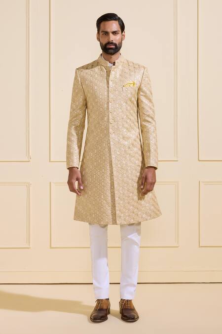 Buy Raghavendra Rathore Jodhpur Gold Silk Textured Achkan Sherwani Online at Aza Fashions Buy_Raghavendra Rathore Jodhpur_Gold Silk Textured Achkan Sherwani _Online_at_Aza_Fashions