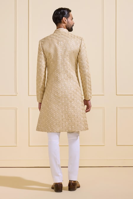 Shop Raghavendra Rathore Jodhpur Gold Silk Textured Achkan Sherwani at Aza Fashions Shop_Raghavendra Rathore Jodhpur_Gold Silk Textured Achkan Sherwani _at_Aza_Fashions
