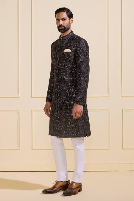 Raghavendra Rathore Jodhpur Black Silk Embroidery Sherwani Online at Aza Fashions Raghavendra Rathore Jodhpur_Black Silk Embroidery Sherwani _Online_at_Aza_Fashions