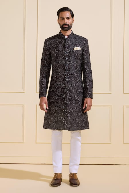 Shop Raghavendra Rathore Jodhpur Black Silk Embroidery Sherwani Online at Aza Fashions Shop_Raghavendra Rathore Jodhpur_Black Silk Embroidery Sherwani _Online_at_Aza_Fashions
