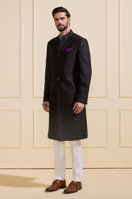 Raghavendra Rathore Jodhpur Black Silk Shimmering Gilded Midnight Sherwani Online at Aza Fashions Raghavendra Rathore Jodhpur_Black Silk Shimmering Gilded Midnight Sherwani _Online_at_Aza_Fashions
