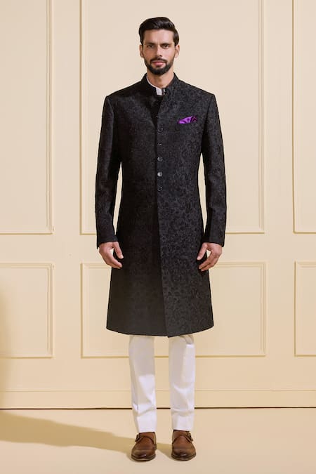 Shop Raghavendra Rathore Jodhpur Black Silk Shimmering Gilded Midnight Sherwani Online at Aza Fashions Shop_Raghavendra Rathore Jodhpur_Black Silk Shimmering Gilded Midnight Sherwani _Online_at_Aza_Fashions