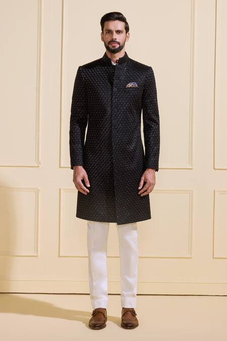 Shop Raghavendra Rathore Jodhpur Black Silk Designer Sherwani Online at Aza Fashions Shop_Raghavendra Rathore Jodhpur_Black Silk Designer Sherwani _Online_at_Aza_Fashions