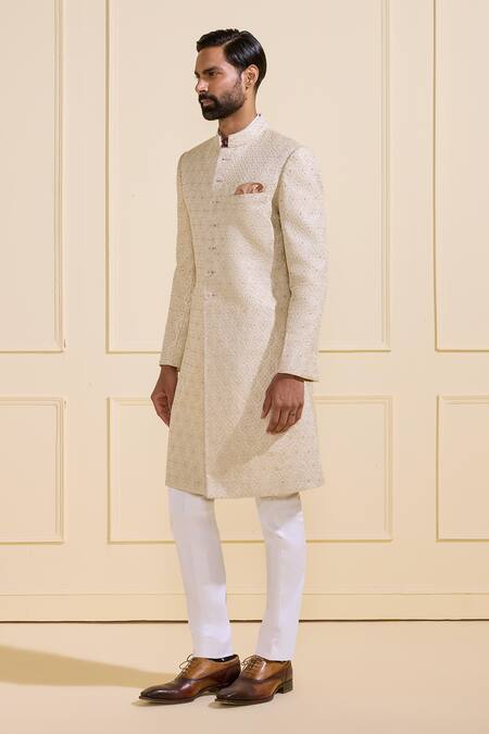 Raghavendra Rathore Jodhpur Off White Brocade Embroidery Designer Sherwani Online at Aza Fashions Raghavendra Rathore Jodhpur_Off White Brocade Embroidery Designer Sherwani _Online_at_Aza_Fashions
