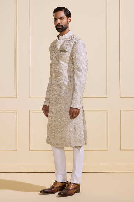 Raghavendra Rathore Jodhpur White Silk Embroidery Sherwani Online at Aza Fashions Raghavendra Rathore Jodhpur_White Silk Embroidery Sherwani _Online_at_Aza_Fashions