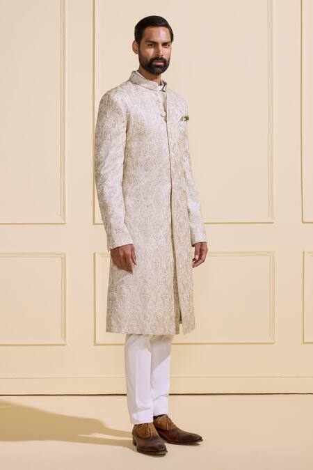 Buy Raghavendra Rathore Jodhpur White Silk Embroidery Sherwani Online at Aza Fashions Buy_Raghavendra Rathore Jodhpur_White Silk Embroidery Sherwani _Online_at_Aza_Fashions
