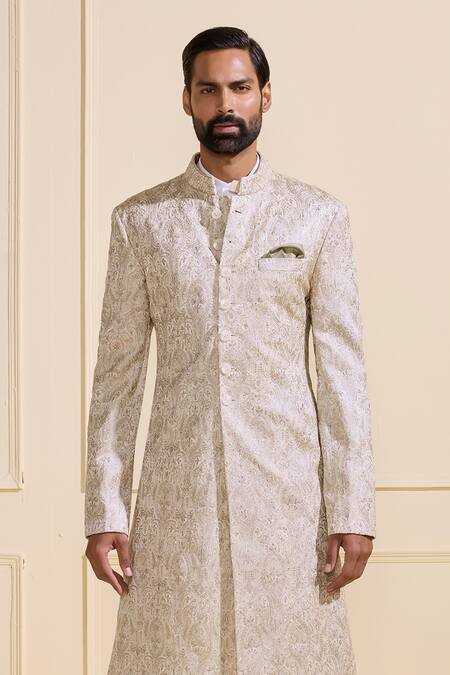 Raghavendra Rathore Jodhpur White Silk Embroidery Sherwani at Aza Fashions Raghavendra Rathore Jodhpur_White Silk Embroidery Sherwani _at_Aza_Fashions