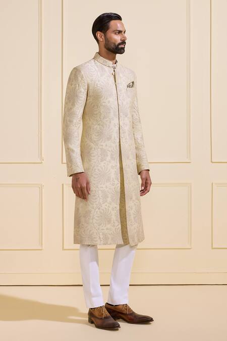 Raghavendra Rathore Jodhpur Cream Silk Embroidery Floral Pattern Sherwani Online at Aza Fashions Raghavendra Rathore Jodhpur_Cream Silk Embroidery Floral Pattern Sherwani _Online_at_Aza_Fashions
