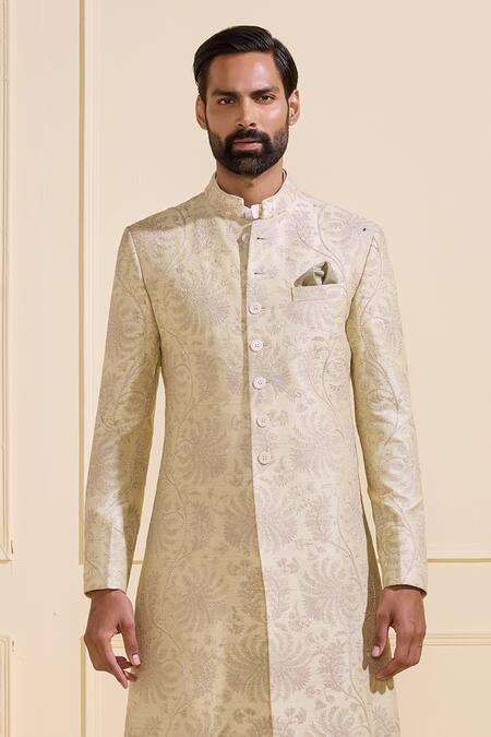 Shop Raghavendra Rathore Jodhpur Cream Silk Embroidery Floral Pattern Sherwani Online at Aza Fashions Shop_Raghavendra Rathore Jodhpur_Cream Silk Embroidery Floral Pattern Sherwani _Online_at_Aza_Fashions