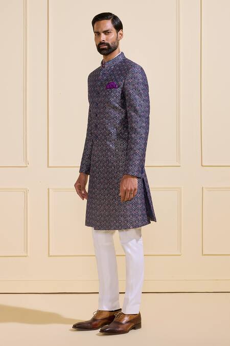 Raghavendra Rathore Jodhpur_Blue Brocade Embroidery Jewel-toned Sherwani _Online_at_Aza_Fashions