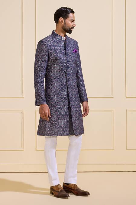 Buy_Raghavendra Rathore Jodhpur_Blue Brocade Embroidery Jewel-toned Sherwani _Online_at_Aza_Fashions