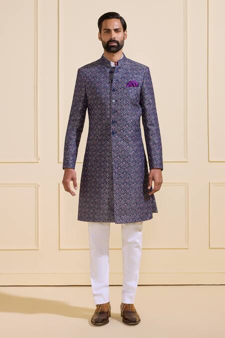 Shop_Raghavendra Rathore Jodhpur_Blue Brocade Embroidery Jewel-toned Sherwani _Online_at_Aza_Fashions