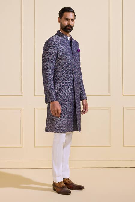 Raghavendra Rathore Jodhpur_Blue Brocade Embroidery Jewel-toned Sherwani _at_Aza_Fashions