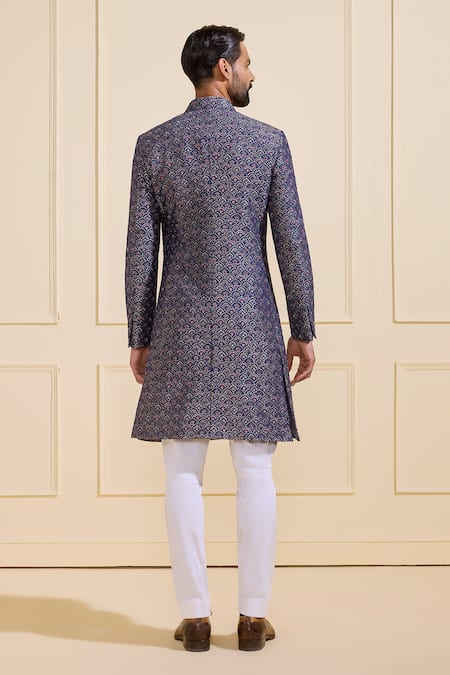 Shop_Raghavendra Rathore Jodhpur_Blue Brocade Embroidery Jewel-toned Sherwani _at_Aza_Fashions