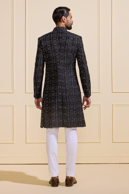 Shop Raghavendra Rathore Jodhpur Black Silk Embroidery Midnight Designer Sherwani at Aza Fashions Shop_Raghavendra Rathore Jodhpur_Black Silk Embroidery Midnight Designer Sherwani _at_Aza_Fashions