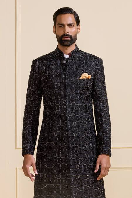 Shop Raghavendra Rathore Jodhpur Black Silk Embroidery Midnight Designer Sherwani Online at Aza Fashions Shop_Raghavendra Rathore Jodhpur_Black Silk Embroidery Midnight Designer Sherwani _Online_at_Aza_Fashions