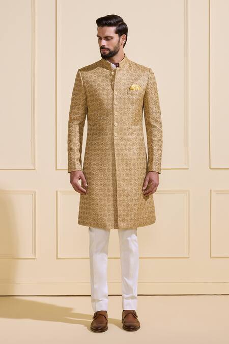Shop Raghavendra Rathore Jodhpur Beige Brocade Gilded Sherwani Online at Aza Fashions Shop_Raghavendra Rathore Jodhpur_Beige Brocade Gilded Sherwani _Online_at_Aza_Fashions